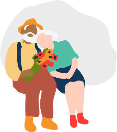 Illustration d'un couple de seniors assis, un bouquet de fleurs à la main