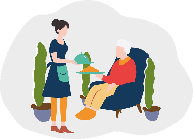 Illustration d'une aide à domicile servant un repas à une senior dans son fauteuil